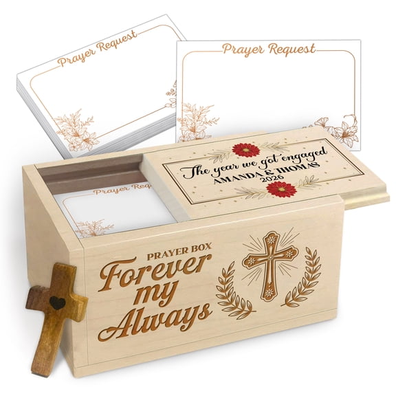 Personalized Couples Prayer Box Forever My Always, Custom Name and Year Wooden Prayer Request Box with 100 Cards and Wooden Cross