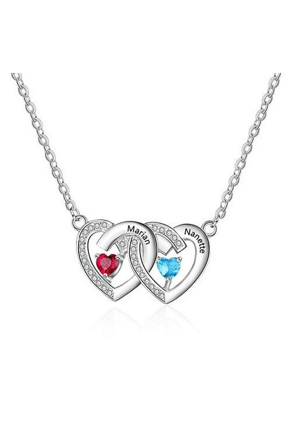 Personalized Couples Sterling Silver Engraved Birthstone Double Heart with CZ Necklace