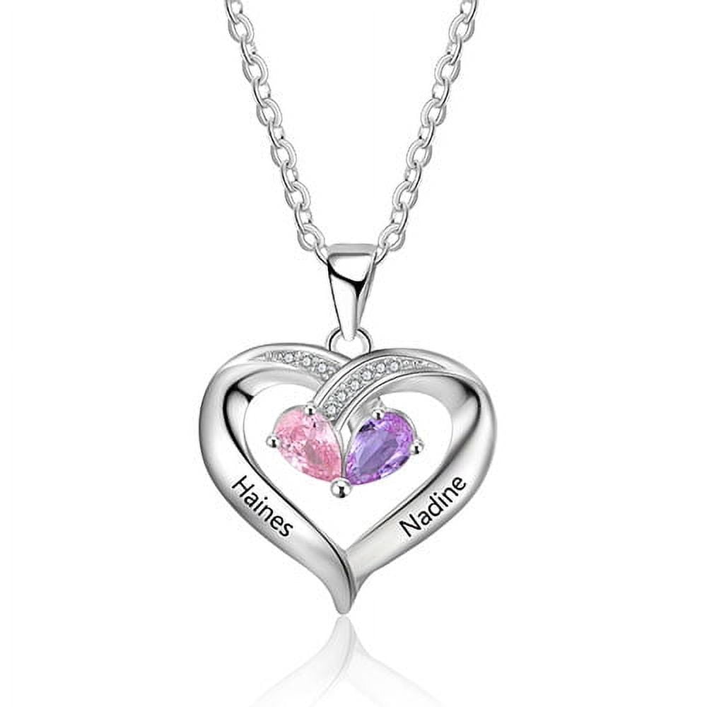 Personalized Couples Sterling Silver Engraved Birthstone and CZ Heart Necklace