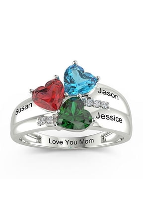 Personalized Couples Sterling Silver Engraved Heart Birthstone 3-Stone Family Ring