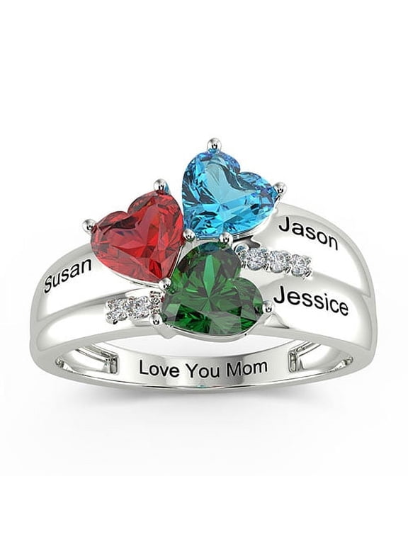 Personalized Couples Sterling Silver Engraved Heart Birthstone 3-Stone Family Ring