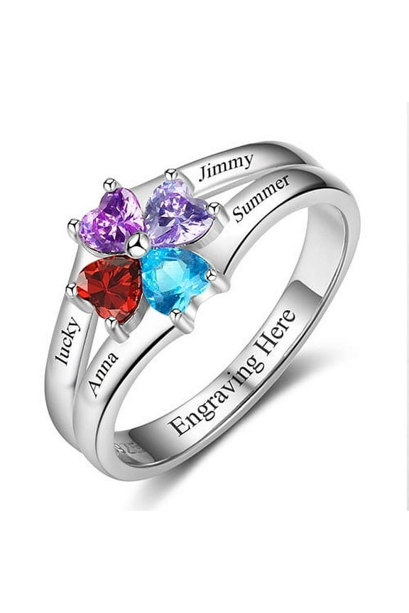 Personalized Couples Sterling Silver Engraved Heart Birthstone 4-Stone Family Ring
