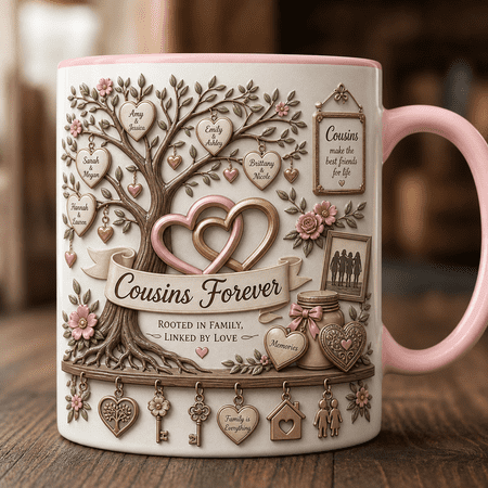 Personalized Cousin Mug, Linked Hearts Family Tree Coffee Cup Gift for Cousins