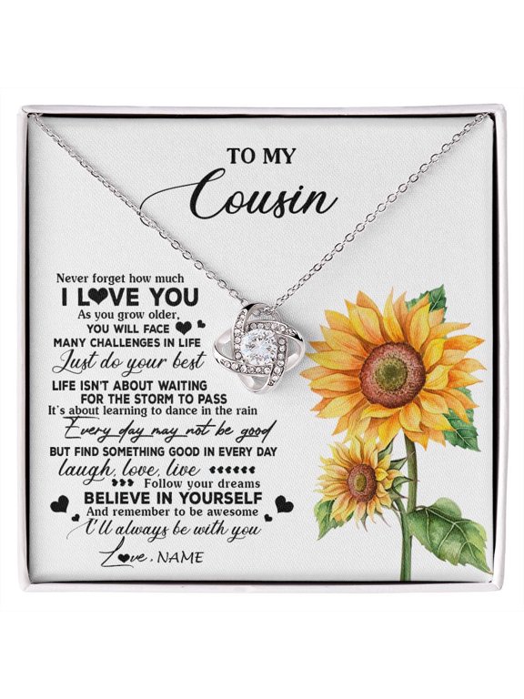 Personalized To My Cousin Necklace From Family Sunflower Wood Laugh Love Live Cousin Birthday Graduation Christmas Customized Gift Box Message Card, White Love Knot Necklace