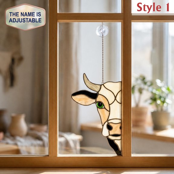 Personalized Cow Acrylic Suncatcher, Custom Name Faux Stained Glass Window Hanging Decor, Memorial and Sympathy Gift