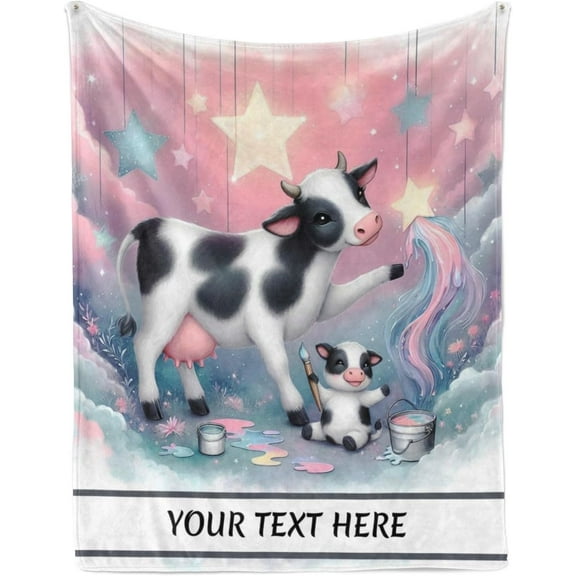 Personalized Cow Blanket with Name, Custom Throw Blanket for Kids Boys, Fuzzy Soft Blanket Microfiber, 50"" x 60""