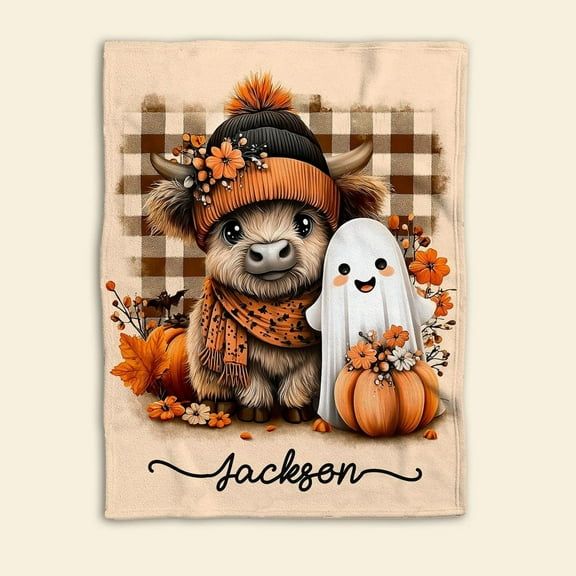 Personalized Cow Halloween Blanket, Spooky Season Blanket, Custom Name Soft Cozy Fleece Throw Blanket, Halloween Gifts