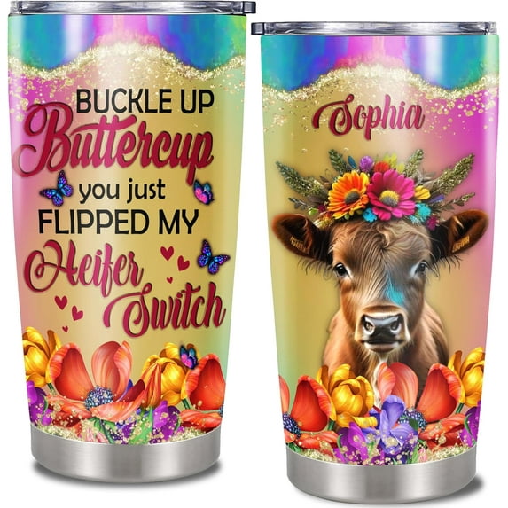 Personalized Cow Tumbler Buckle Up Buttercup Customized Name Insulated Cute Travel Cups with Lid Stainless Steel Gifts Animal Lovers Farm Women Mom Birthday