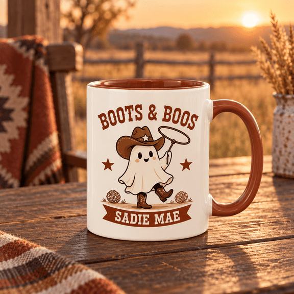 Personalized Cowgirl Ghost Rust Western Ceramic Coffee Mug Halloween Gift