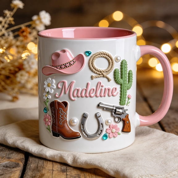 Personalized Cowgirl Mug, Western Girl Gift, Custom Name Coffee Cup, Pink Cowboy Mug, Rodeo Gift for Her, Country Style Mug