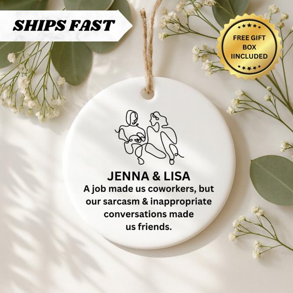 Personalized Coworker Ceramic Ornament with Custom Names and Line Art Design, Funny Work Friend Keepsake for Office Gift Exchange or Christmas Tree