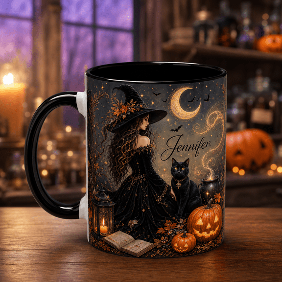 Personalized Cozy Fall Witch Black Cat Pumpkin Ceramic Mug Gift 11oz 15oz