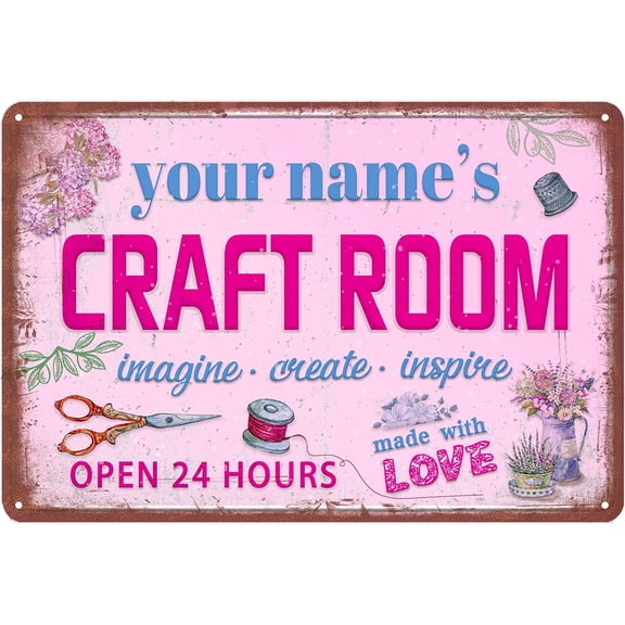 Personalized Craft Room Tin Sign, Custom Name Aluminum Wall Decor, Retro Womens Creative Space Sign, Imagine Create Inspire, Open 24 Hours