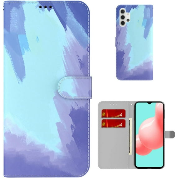 Personalized Creative Watercolor Painting Flip PU + TPU Phone case with Card Slot for Samsung Galaxy A10 A20 E A30 A40 A50 S Shockproof Bracket Function Bumper Cover(Blue,A40)