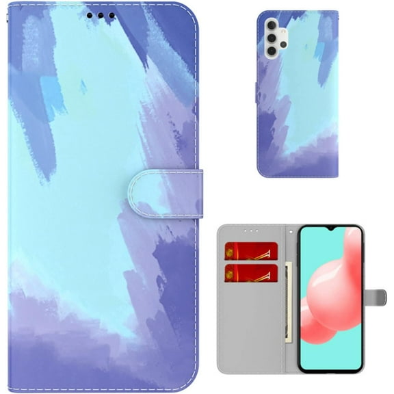 Personalized Creative Watercolor Painting Flip PU + TPU Phone case with Card Slot for Samsung Galaxy A10 A20 E A30 A40 A50 S Shockproof Bracket Function Bumper Cover(Blue,A40)