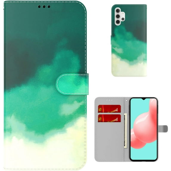 Personalized Creative Watercolor Painting Flip PU + TPU Phone case with Card Slot for Samsung Galaxy A10 A20 E A30 A40 A50 S Shockproof Bracket Function Bumper Cover(Cyan,A30S)