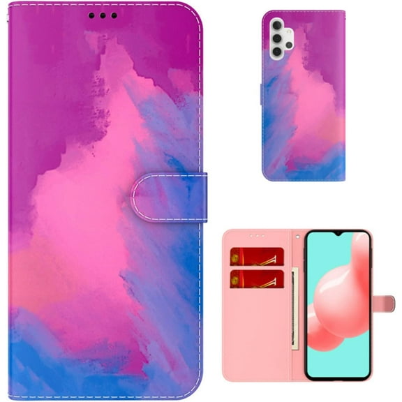 Personalized Creative Watercolor Painting Flip PU + TPU Phone case with Card Slot for Samsung Galaxy A12 A22 A32 A42 A52 S A72 A82 4G 5G Shockproof Bracket Function Bumper Cover(Purple,A52S)
