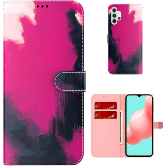 Personalized Creative Watercolor Painting Flip PU + TPU Phone case with Card Slot for Samsung Galaxy A21S A41 A51 A71 4G 5G Shockproof Bracket Function Bumper Cover(Red,A41)