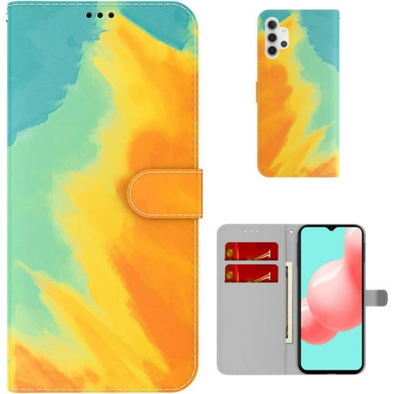 Personalized Creative Watercolor Painting Flip PU + TPU Phone case with Card Slot for Samsung Galaxy Note 20 S21 S20 S10 Ultra Plus FE Shockproof Bracket Function Bumper Cover(Orange,S20 Plus)