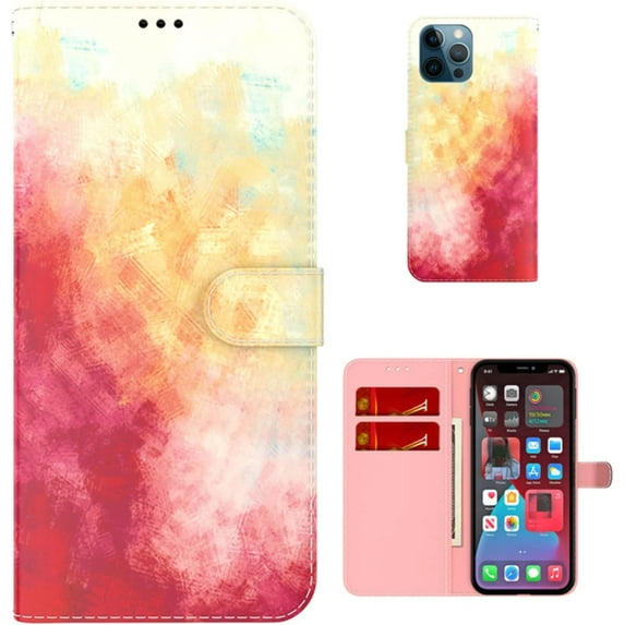 Personalized Creative Watercolor Painting Flip PU + TPU Phone case with Card Slot for iPhone 13 12 11 8 7 X XS XR Plus Pro Max Mini Shockproof Bracket Function Bumper Cover(Yellow,13 Pro max)