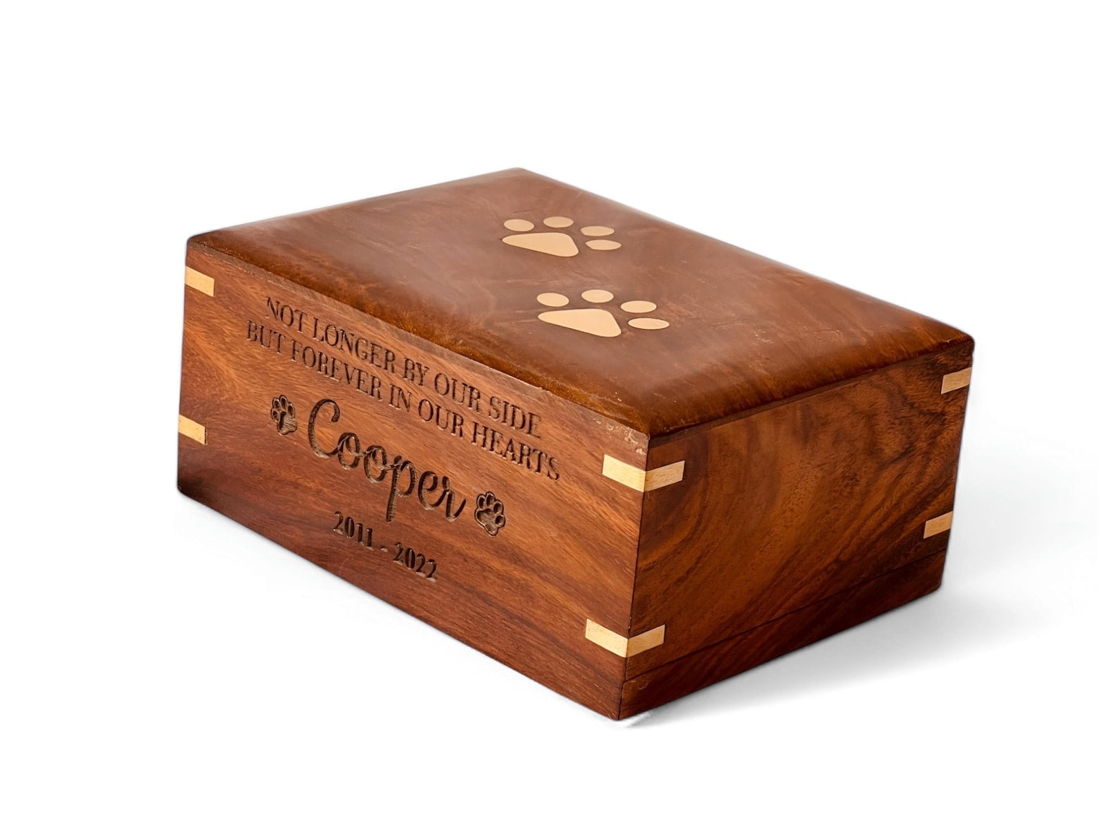 Personalized Cremation Urns for Dog Ashes - Engraved Rosewood Pet Urn with Brass Inlaid Paw Prints - Memorial Wooden Keepsake Box for Pet Ashes