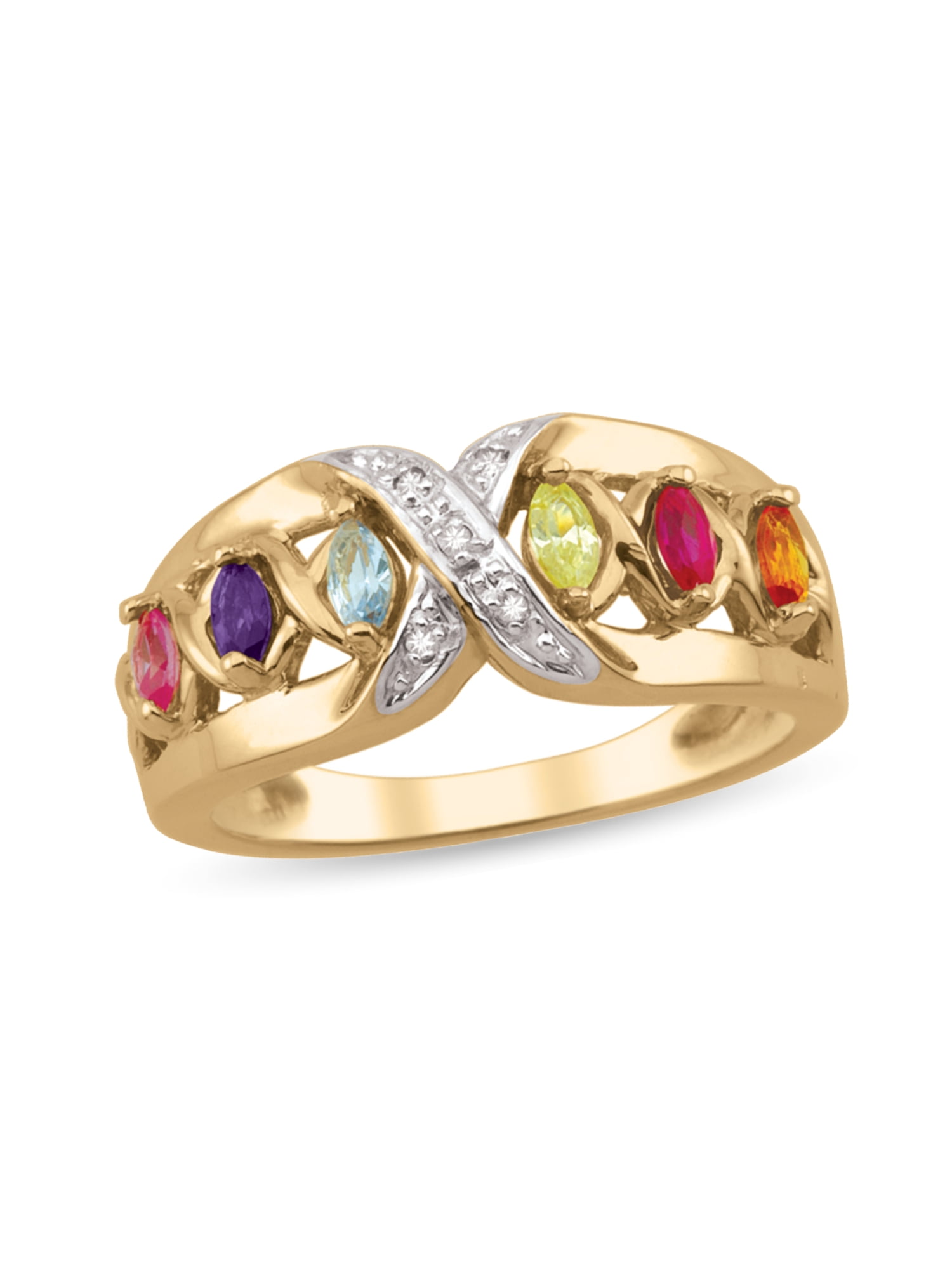 Personalized Crisscross Birthstone Family Ring in 14K Gold with Diamond Accents by Jewlster