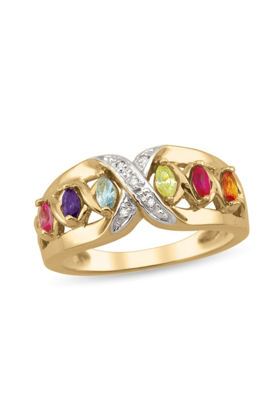 Personalized Crisscross Birthstone Family Ring in 14K Gold with Diamond Accents by Jewlster
