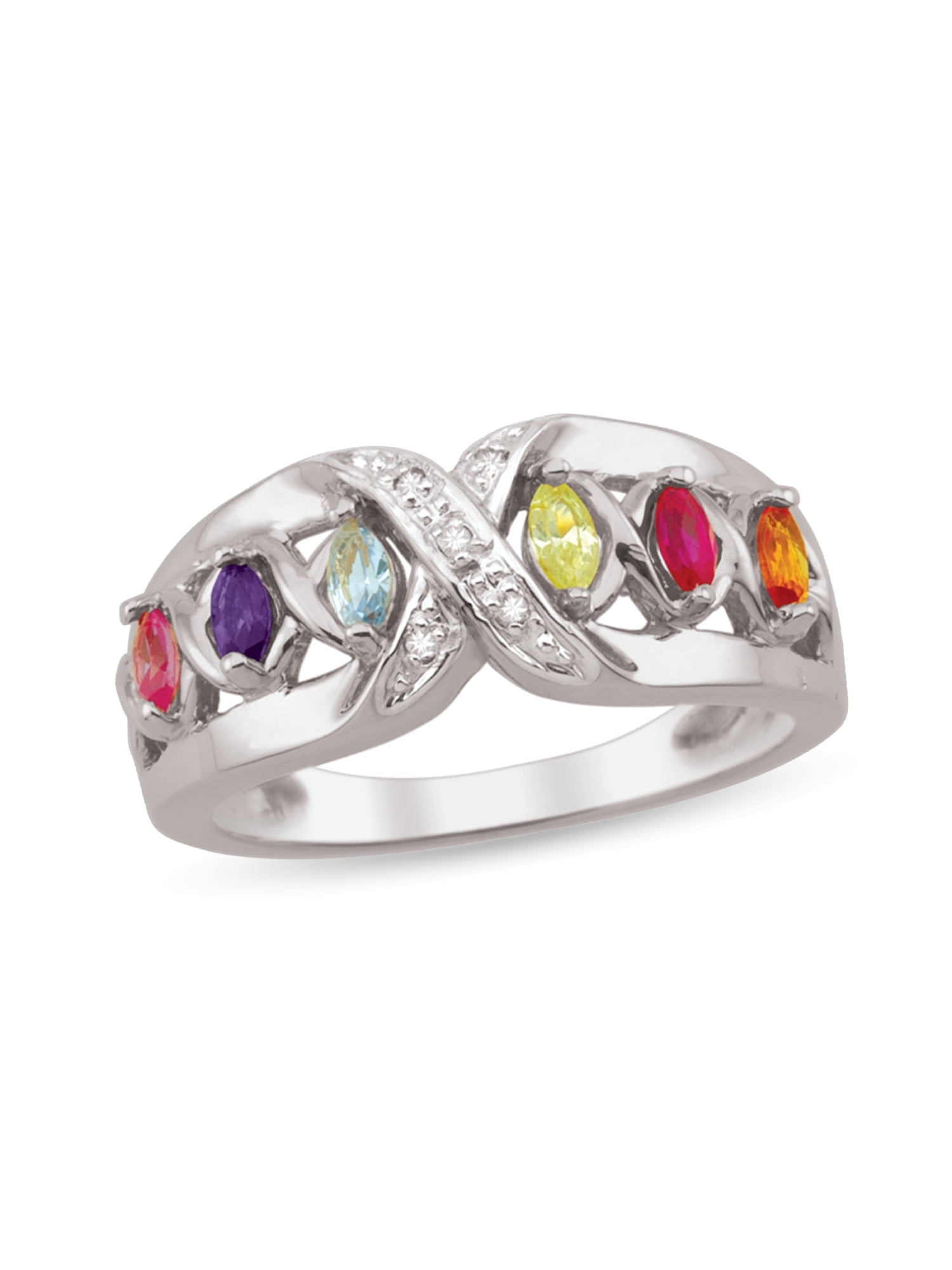 Personalized Crisscross Birthstone Family Ring in Sterling Silver with Diamond Accents by Jewlster