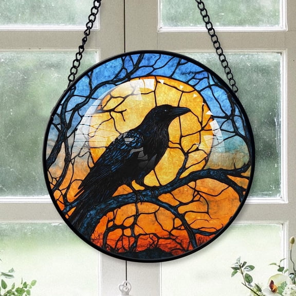 Personalized Crow Perched Stained Glass Suncatcher Artistic Window Hanging, Crow Perched 78 Hand-Painted Glass Panel Wall Home Decor, Crow Perched Garden Decor gnnDJZ (Crow Perched 1)