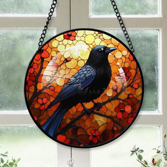 Personalized Crow Sunset Suncatcher Stained Glass Suncatchers, Crow Sunset Ornament for Sun Catcher Indoor Window, Crow Sunset Painted Glass Panel Décor GQ3PGF