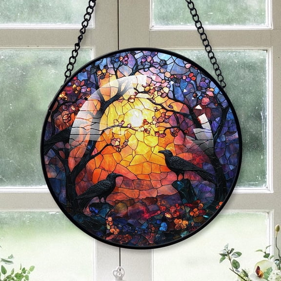 Personalized Crows Suncatcher Stained Glass Suncatchers, Crows Ornament for Sun Catcher Indoor Window, Crows Painted Glass Panel Décor Rohum3