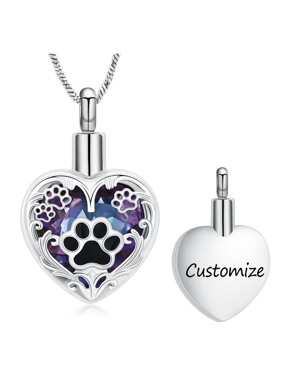 Personalized Simulated Birthstone Pet Urn Necklace for Dog Cat Ashes Cremation Pet Pawprint Memorial Customized Heart Pendant Keepsake Funeral Jewelry