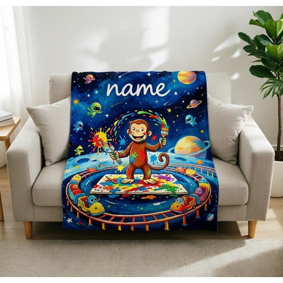 Personalized Curious George Flannel Blanket, Custom Name Space Painting Monkey Throw Blanket, Cartoon Fan Gift