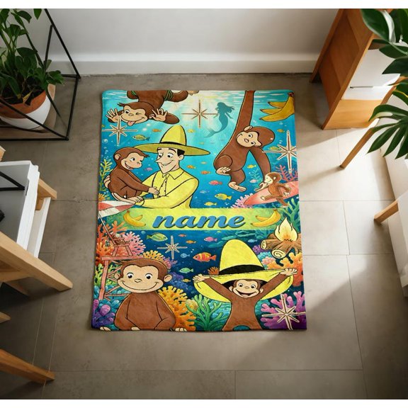 Personalized Curious George Flannel Blanket, Custom Name Underwater Monkey Adventure Throw Blanket, Cartoon Room Decor