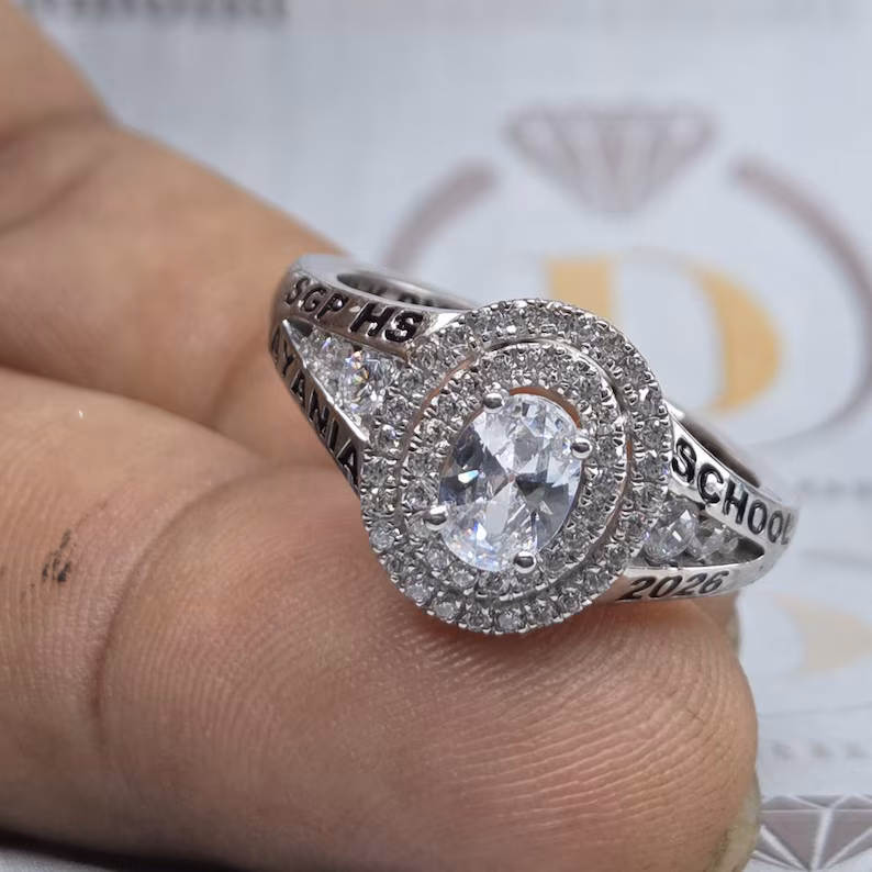 Personalized Cushion Cut Halo And Pave Set Customized Name,Year And Inside Engraved Looking Elegant For Her High School Class Ring 925 Sterling Silver