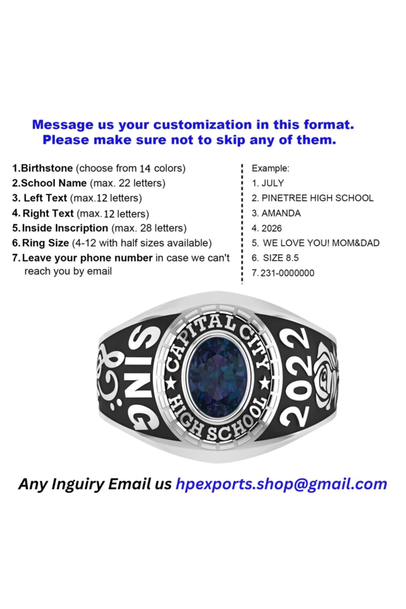 Personalized Custom Achievement Ring Customized School Name Year Inside Engraving Oval Center Stone Polished Silver Tone Finish 925 Sterling Silver