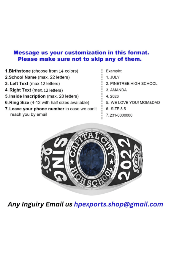 Personalized Custom Achievement Ring Customized School Name Year Inside Engraving Oval Center Stone Polished Silver Tone Finish 925 Sterling Silver