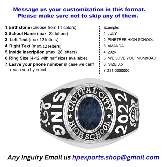 Personalized Custom Achievement Ring Customized School Name Year Inside Engraving Oval Center Stone Polished Silver Tone Finish 925 Sterling Silver