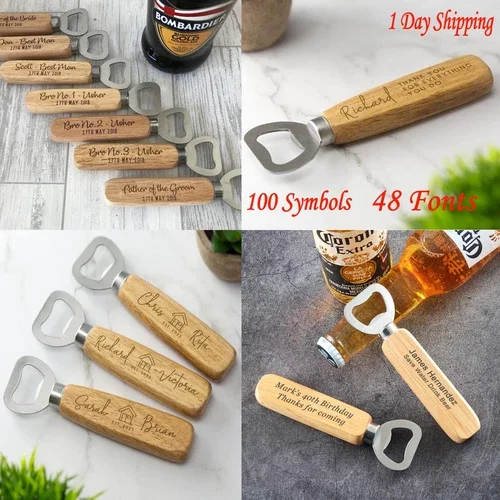Personalized Custom Engraved Wood Beer Bottle Opener Wedding Favors Father'S Day