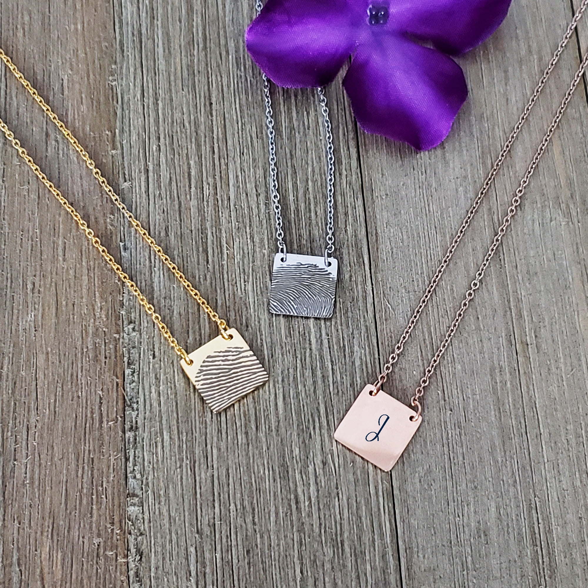 Personalized Custom Fingerprint Square Keepsake Necklace Stainless Steel Engraved Actual Fingerprint Thumb Print Pendant Jewelry with Gift Box [Rose Gold]