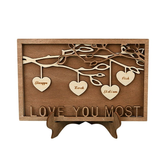 Personalized Custom Name Family Tree Wooden Decor, Love Heart Shape Desktop Sign with Names, Keepsake for Mom Christmas Day, Home Decor