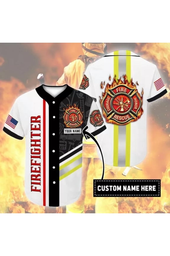 Personalized Custom Name Firefighter Pattern Baseball Tee Jersey Shirt Shirt 3d - Hot Sale