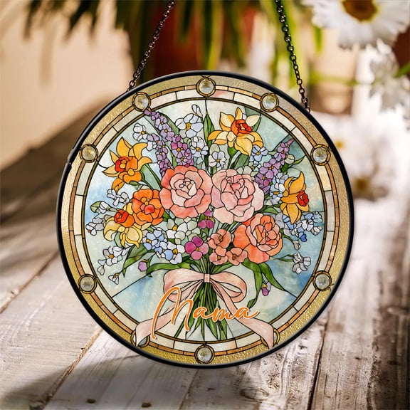 Personalized Custom Name Flower Stained Glass Panel - Wall Art | Floral Design | Unique Handcrafted | Birthday Gift for Her Mom Grandma | Home Accent