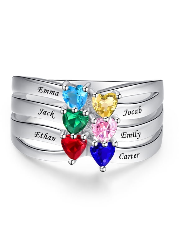 Personalized Custom Name Rings For Women 925 Sterling Silver Infinity Mother 6 Heart Cut Simulated Birthstones Wedding Ring