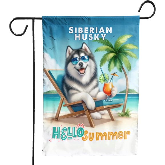 Personalized Custom Name Siberian Husky Hello Summer Beach Theme with Sunglasses and Tropical Cocktail Garden Flag 12x18in Double Sided Husky Dog Lover Gifts Idea Outdoor Decor - 009