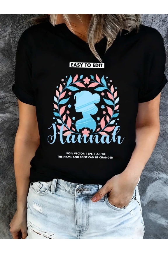 Personalized Custom Name T-Shirt Elegant Woman Silhouette Floral Wreath Retro Graphic Tee for Women