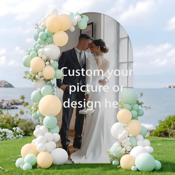 Personalized Custom Photo Text Logo Milk Silk Stretch Arch Backdrop Cover, Chiara Arched Stand Fabric Cover for Wedding Birthday Party Photo Booth Decor （Frame Not Included）3.9*1.6FT