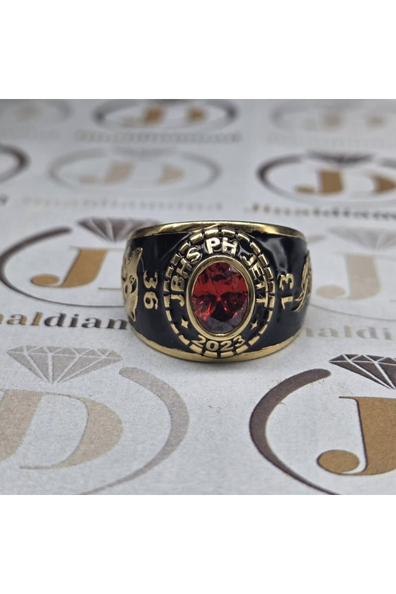 Personalized Mens Black Enamel Class-Style Statement High school Ring with Deep Red Center Accent, Bold Vintage-Inspired Fashion Design 925 Sterling Silver