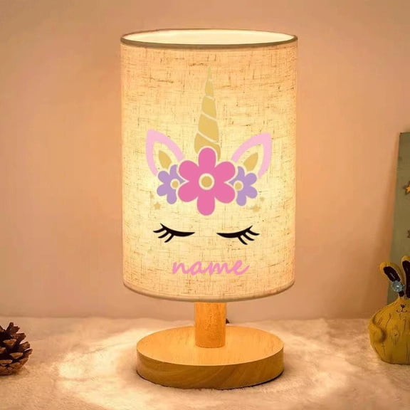 Personalized Custom Text Unicorn LED Table Lamp, 3 Tone Dimmable Nordic Wooden Bedside Light, Soft Fabric Shade Ambient Lighting for Bedroom Dorm Home Decoration