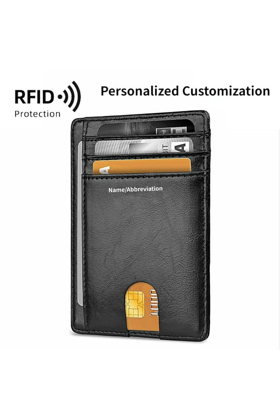 Personalized Customization Engraving Slim Minimalist Front Pocket RFID Blocking 100% Leather Wallets for Men and Women, Black